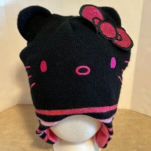 Sanrio Hello Kitty Fleece Lined Knit Hat Ear Flaps Glitter Bow Youth
